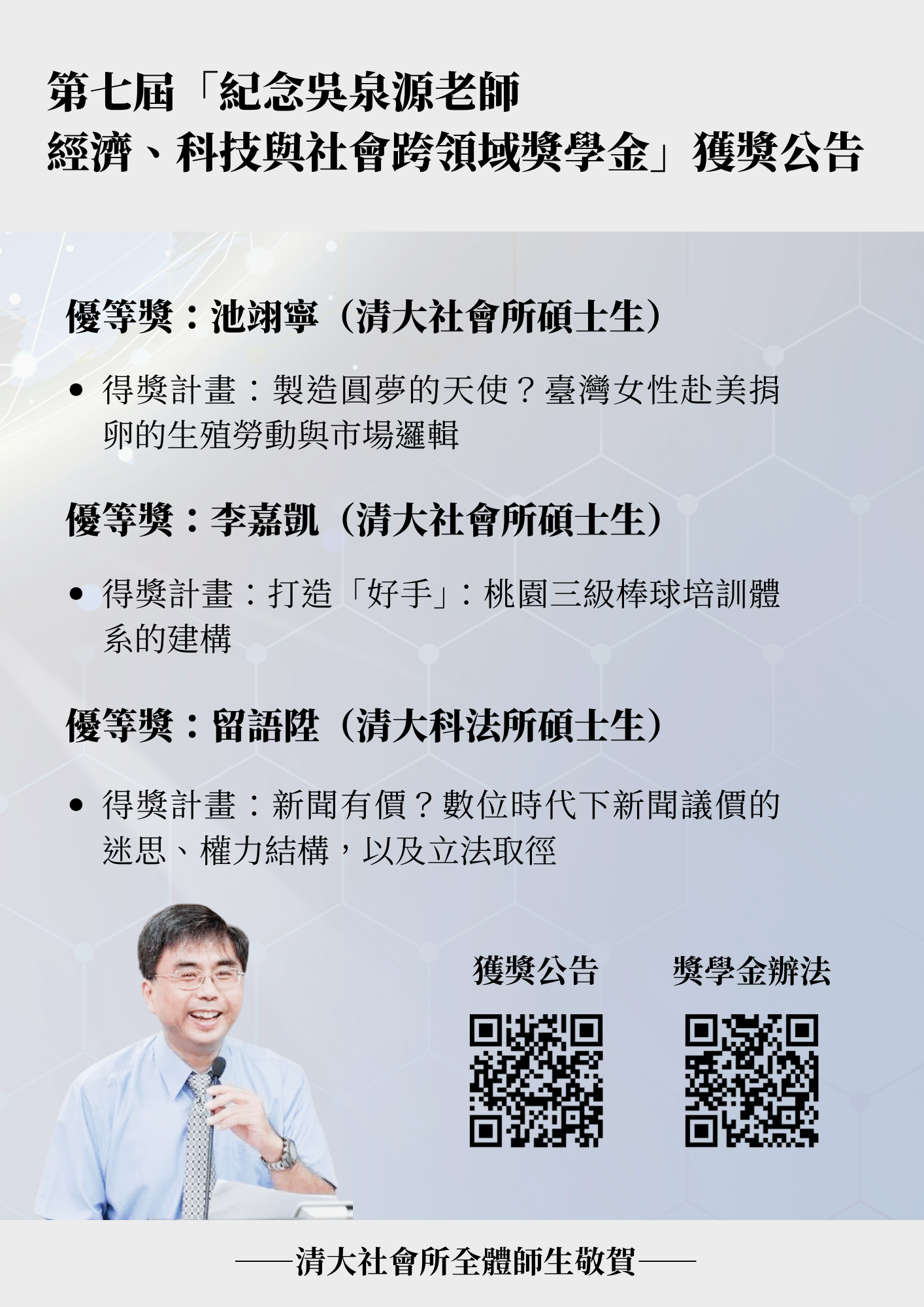 第七屆「紀念吳泉源老師經濟、科技與社會跨領域獎學金」獲獎公告